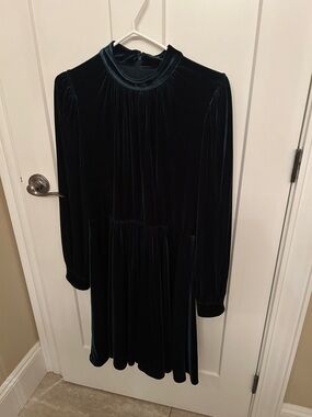 Calvin Klein Forest Green Velvet Long-Sleeve Dress with Puffed Sleeves & Ruching